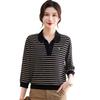 Striped Collared Long-Sleeve Top for Middle-Aged and Elderly Women – 50s & 60s Spring/Autumn Base Layer