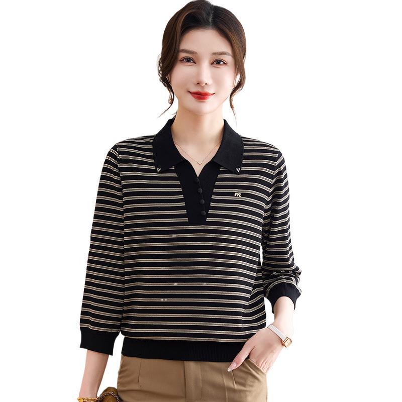 Striped Collared Long-Sleeve Top for Middle-Aged and Elderly Women – 50s & 60s Spring/Autumn Base Layer