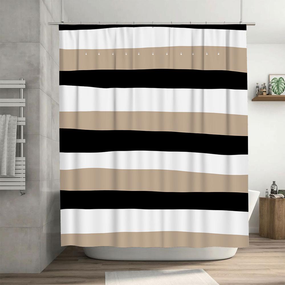 Striped Shower Curtain Modern Design with Black, White, and Beige Colors for Bathroom Decor Waterproof Fabric Shampoo Soap Dispe