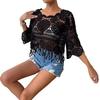 Tops para cubrir el cuerpo de corte holgado con cuello redondo y manga de tres cuartos de ganchillo calado para la playa, camisa estilo bohemio con dobladillo de borlas