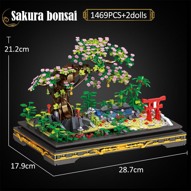Mini Garden Bonsai Building Block Cherry Blossom Pine Pavilion 3D Model Brick Plant Potted Home Decoration Children's Toy Gift