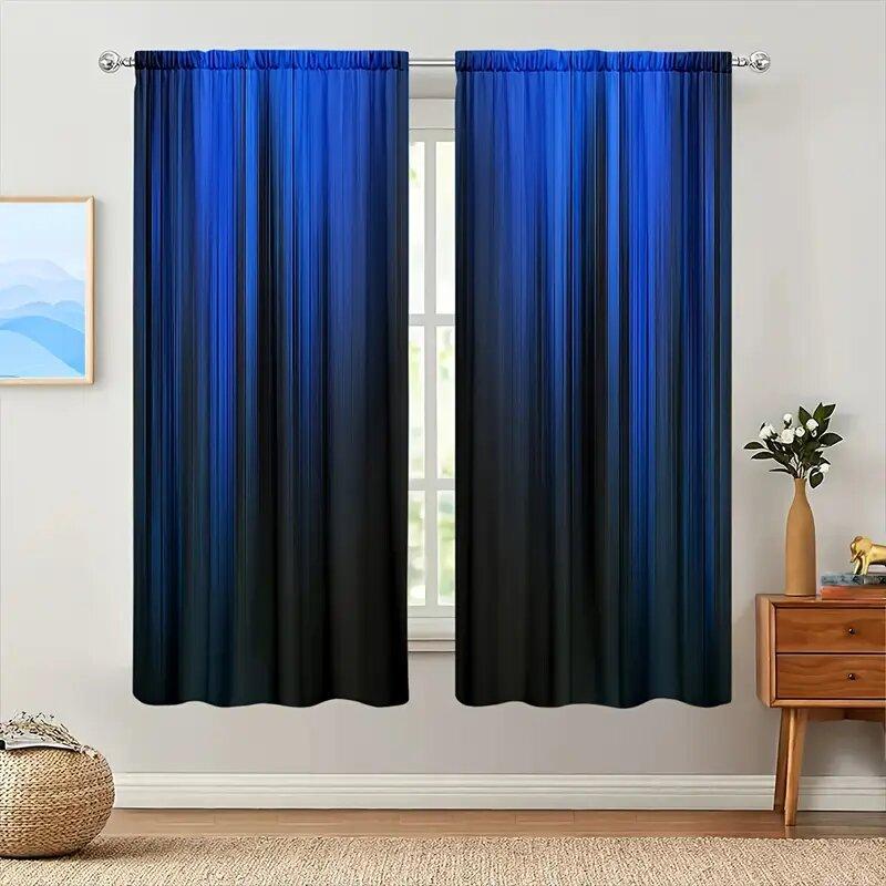 Blue Black Gradient Striped Pattern Printed Curtains Window Decoration Home Room Set Of 2 Made Polyester