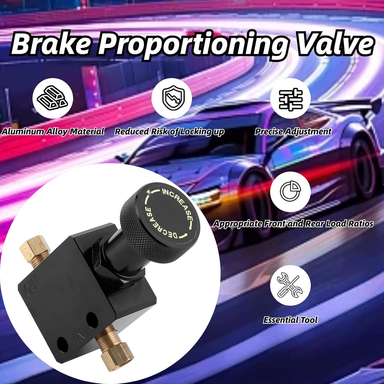 

Universal Adjustable Brake Proportioning Valve for Disc and Drum Brakes, Aluminum Alloy In-Line Valve 150PSI-1200PSI Range for Car Performance
