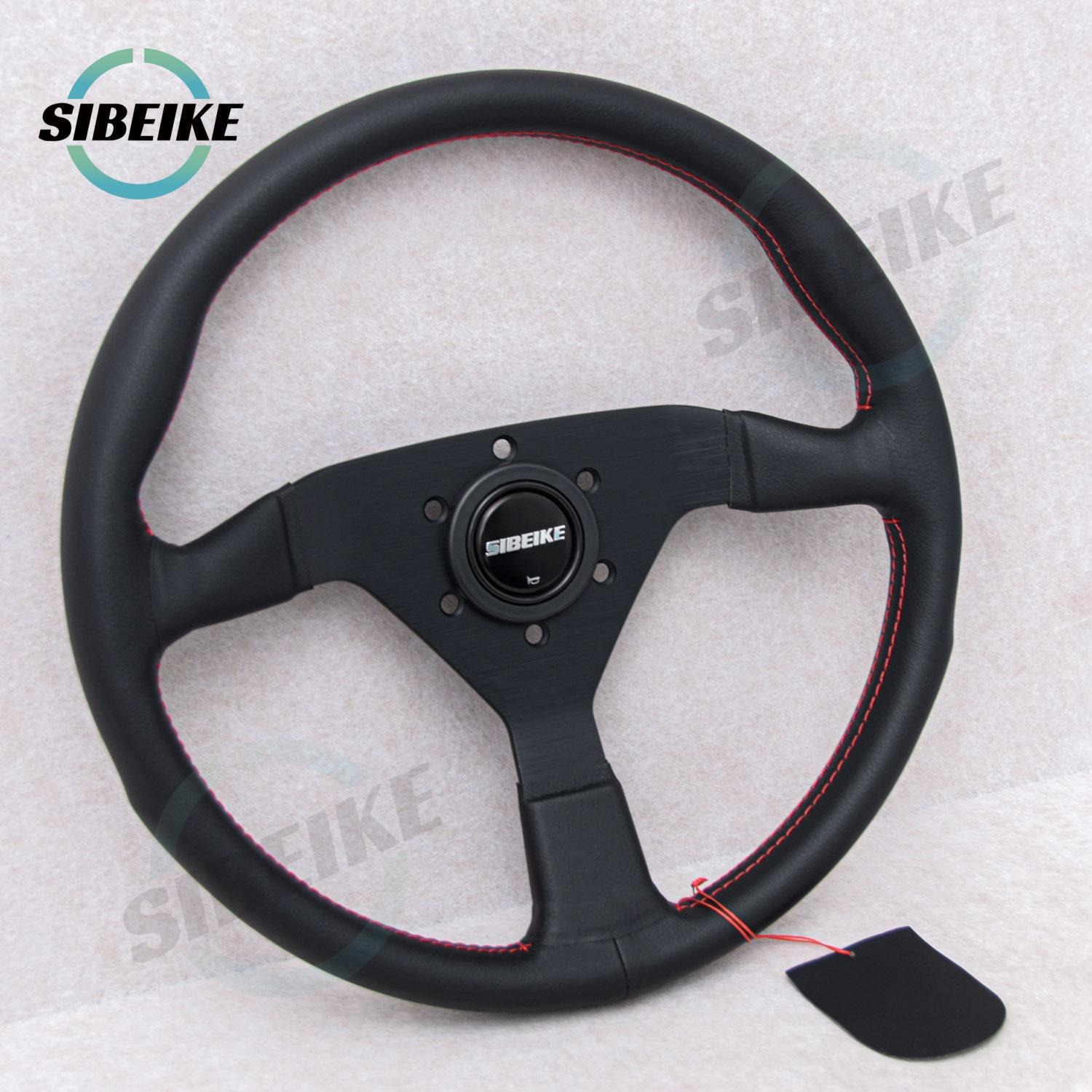 SIBEIKE Montecarlo Style Leather Steering Wheel 14inch JDM Modified Car Sports Racing Steering Wheel Red stitching