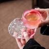 Japanese Style Pink Sakura Crystal Glass Teacup – Colored Glaze Sake Cup with Enamel Flower Design and Coaster