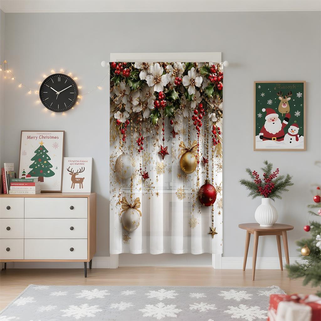 Christmas Curtain Door Floral Design Lightweight Breathable Semi Transparent Polyester Material Suitable Living Room Bedroom Home Office Holiday