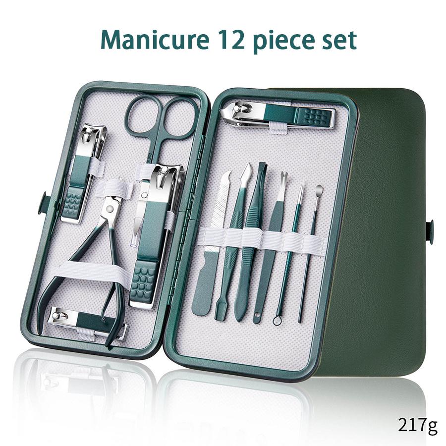 Green Manicure Set With Leather Case Professional Foot And Face Care Tool Kits Stainless Steel Nail Clipper Sets Gift