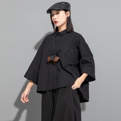 Sieviešu tumšs ķīniešu stila neregulārs vidējas garuma piedurkņu brīvs tops