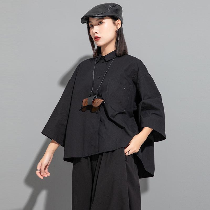 

Женский темный топ в китайском стиле с нерегулярными рукавами средней длины и свободного кроя L (62.5-75 kg) чёрный