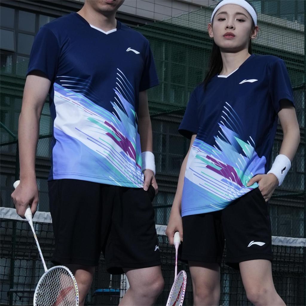 Li Ning Badminton Series Lightweight Comfortable Short Sleeve Simple Solid Color Shorts Casual Sports Suit Two Piece Set Unisex Sportswear AATU057-1
