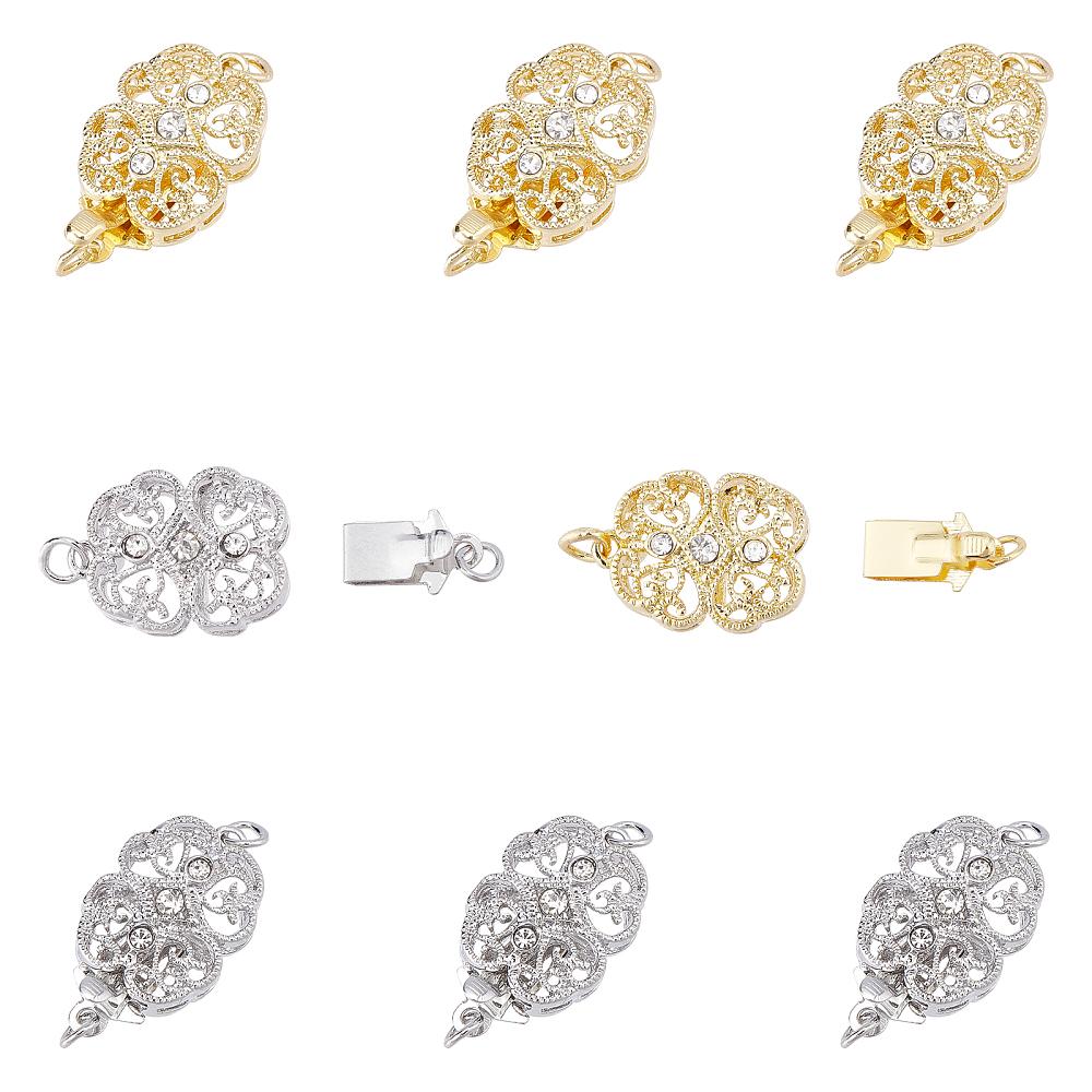 8Set 2 Colors Brass Rhinestone Box Clasps, Flower, Platinum & Golden, 20x11.5x6mm, Hole: 2mm, 4set/color