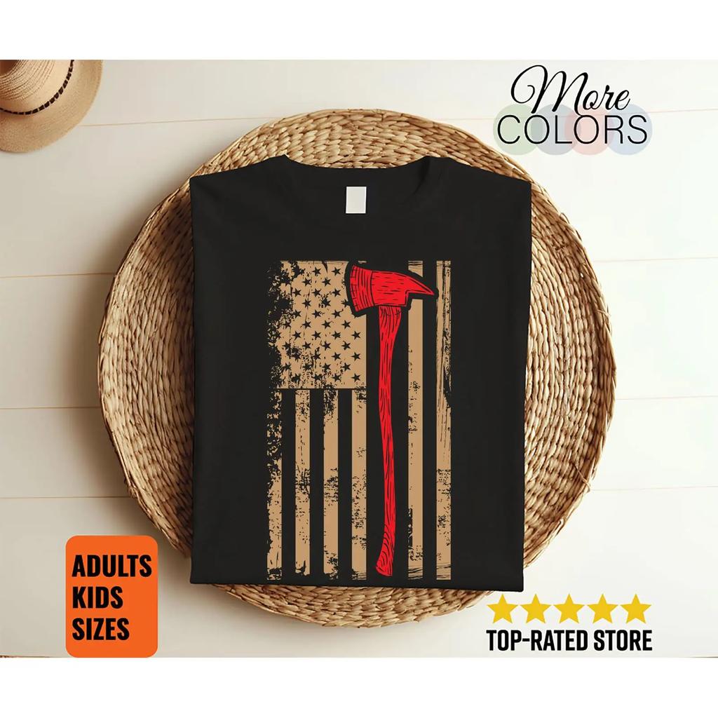 Firefighter American Flag Red Axe T Shirt for Dad Fire Department Casual Tops Adults Kids Sizes