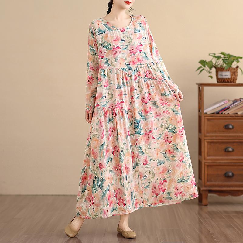 DIMANAF New 2025 Women Plus Size Spring Long Dress Loose Basic Vintage Oversize Long Sleeve Maxi Floral