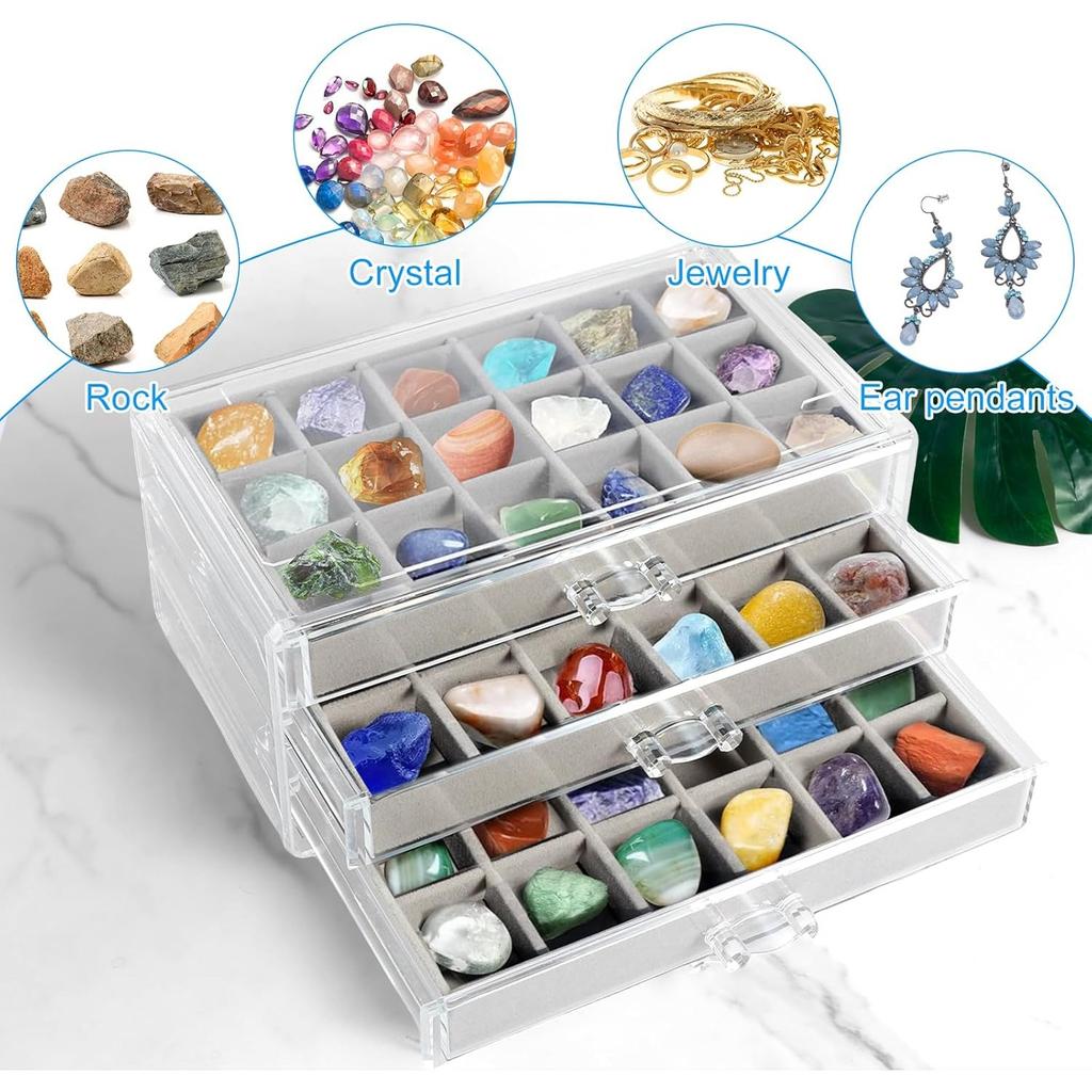 Vetrina in Cristallo con 3 Cassetti e 54 Scomparti - Grande Organizer Scatola Gioielli per Cristalli, Pietre Preziose e Rocce - Custodia Trasparente 23.5x15.5x10.5cm
