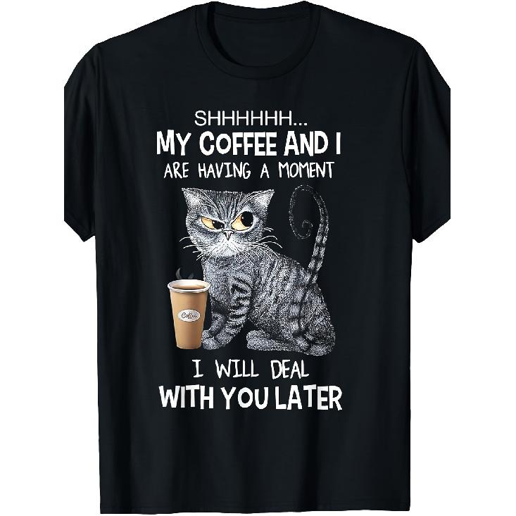 1pc Funny Coffee Cat Print T-Shirt for Men - 100% 180GSM Heavyweight Crew Neck Short Sleeve, Funny Shhh... My Coffee & I Are Having a Moment Slogan S чёрный