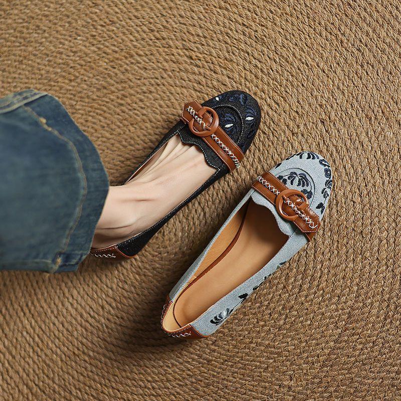 

Fashion age reduction~ retro color matching national style embroidery light mouth ladyshoes women s soft sole soft surface comfortable flat bottom r 40 светло-синий