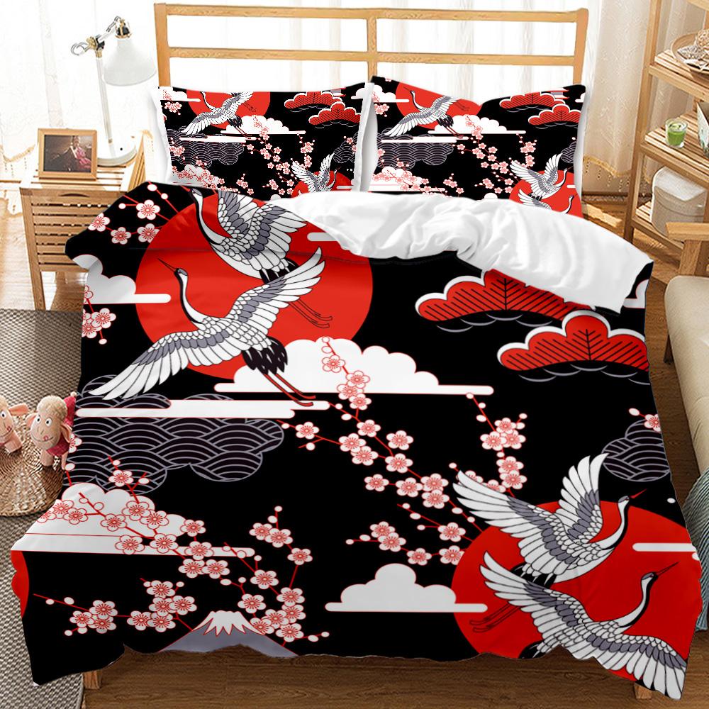 Japanese Style Comforter Cover Set Cherry Blossoms Crane 2/3pcs Polyester Bedding Set Sea Waves Duvet Cover Set Twin Queen Size