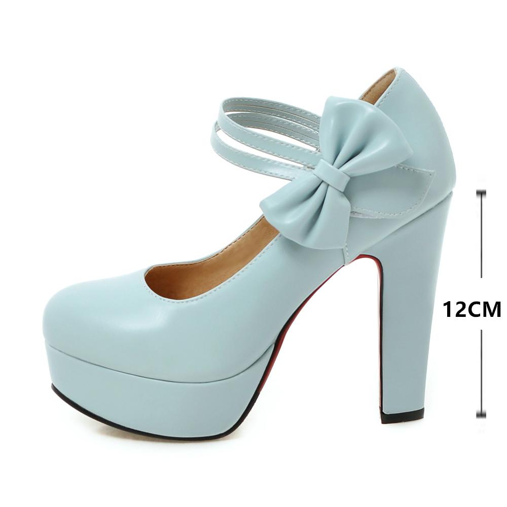 Fashion Spring High Heels Women Platform Pumps Ankle Strap Shallow Mouth Single Shoes Bow Ladies High Heels White Wedding Women Shoes