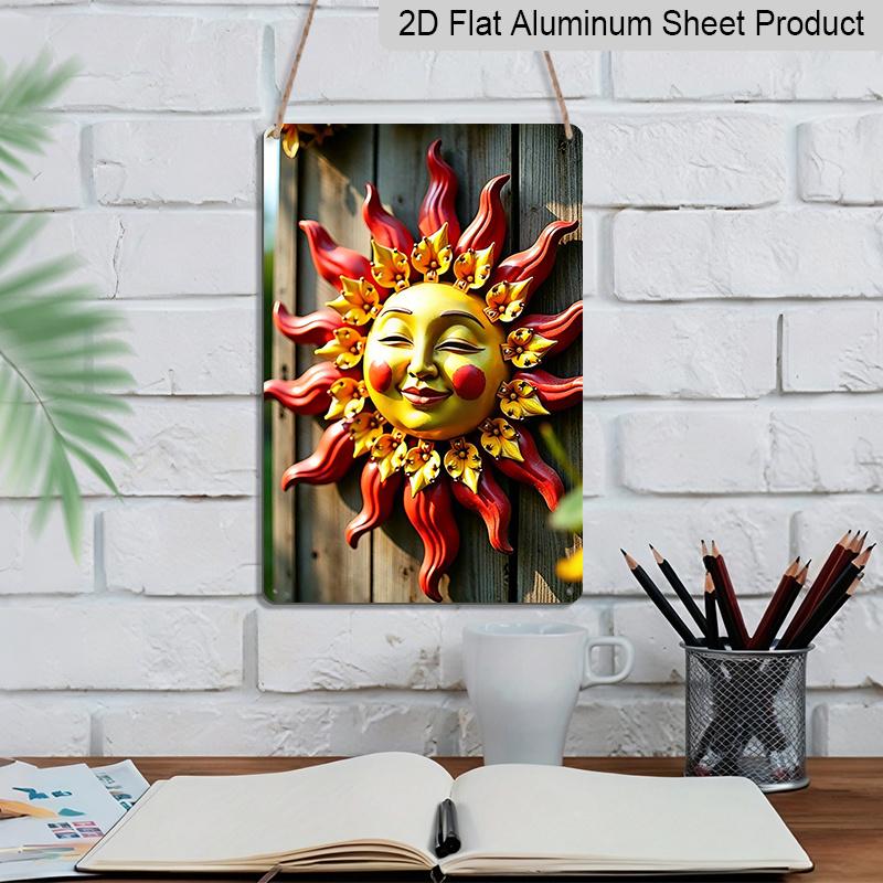 2D Flat, 1pc Trebalena Vintage Sun Face Aluminum Metal Wall Art - Rustic Outdoor/ Sign with Red & Golden Accent, Embossed Sun Suitable for Porch