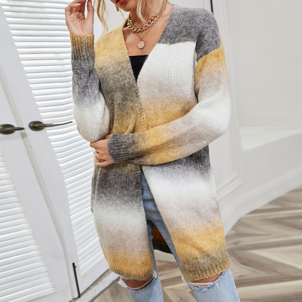 Women's  Tie Dyeing Medium Long Cardigan Pocket Knitted Sweater Coat
