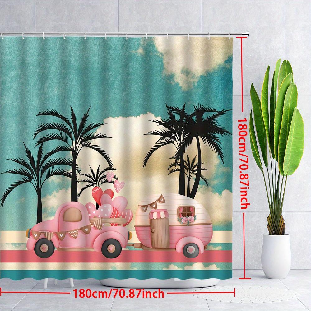 1Pc Pink Vintage Truck Shower Curtain - Heart-Shaped Trailer, Tropical Retro Design, Polyester, Bathroom Decor