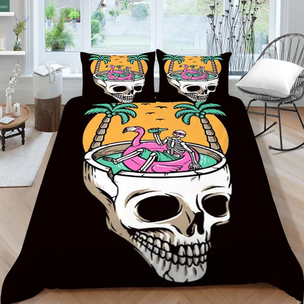 Bettbezug-Set mit Totenkopf-Druck, für King-Size-Bett, Doppelbett, Heimtextilien, modische Bettwäsche, Anzug, Bettbezüge, einzigartiges Design