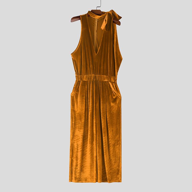 INCERUN Men Lacing Neck Sleeveless Solid Velvet Party Long Rompers Jumpsuits