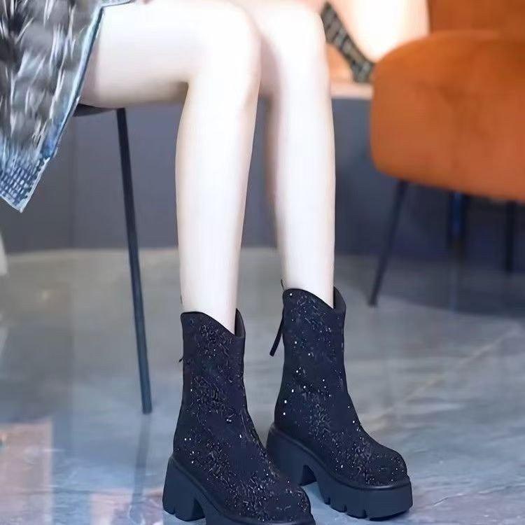 Autumn and winter new round-headed short boots women's full diamond rear zipper short fashion boots thick-soled non-slip high-heeled Martin boots