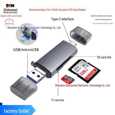 Aluminum Alloy 5-in-1 OTG Multifunction Card Reader for TF/SD, High-Speed Reading/Writing On Phones and Computers
