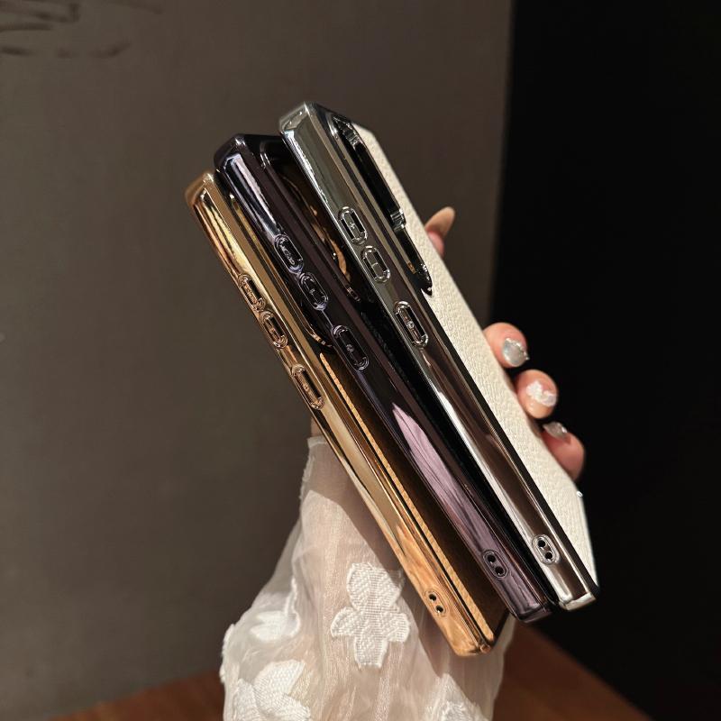 Luxury Solid Color Lychee Leather Plating Border Soft Phone Case For Samsung Galaxy S25 Ultra Egde S24 Ultra Plus FE Back Cover