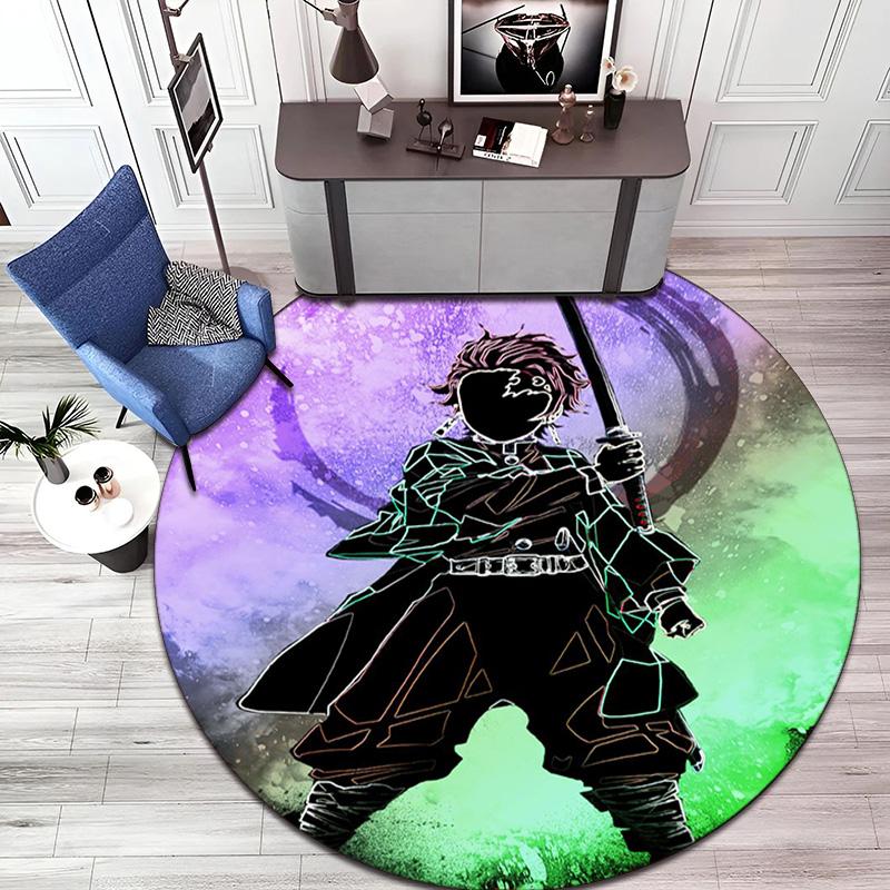 Classic Japanese-style Cartoon Demon Slayer Round Rug, Home Soft Decorative Anti-slip Yoga Mat and Chair Mat, Outdoor Floor Mat Carpet K17