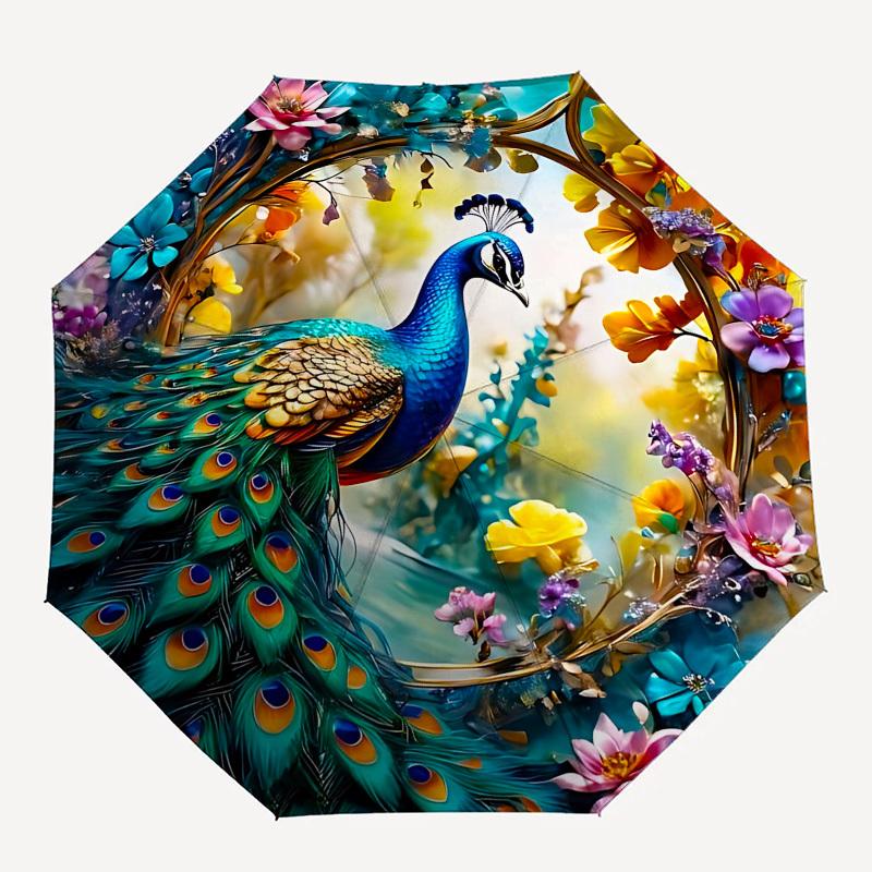 Peacock, Floral Automatic Folding Umbrella Compact 8 Rib Design, Unique Style, Suitable for Everyday Outdoor Use, Perfect Gift for Friends a
