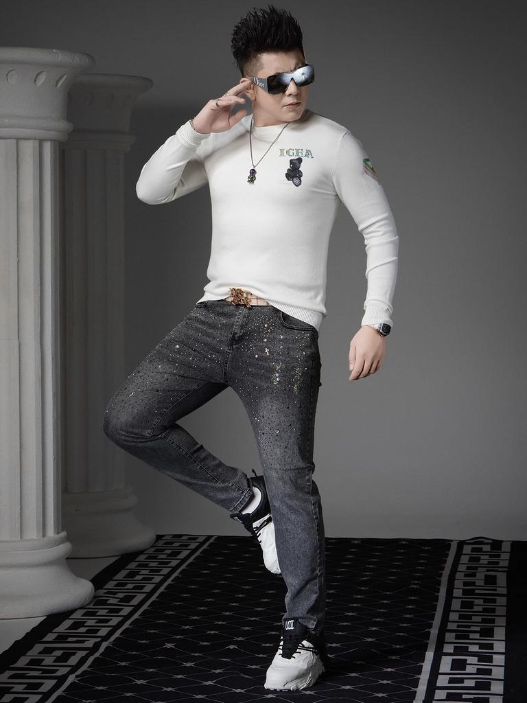 European Station 2025 New Trendy Bear Print Round Neck Sweater Men's Autumn and Winter Pullover Long Sleeve Knitted Sweater for Men