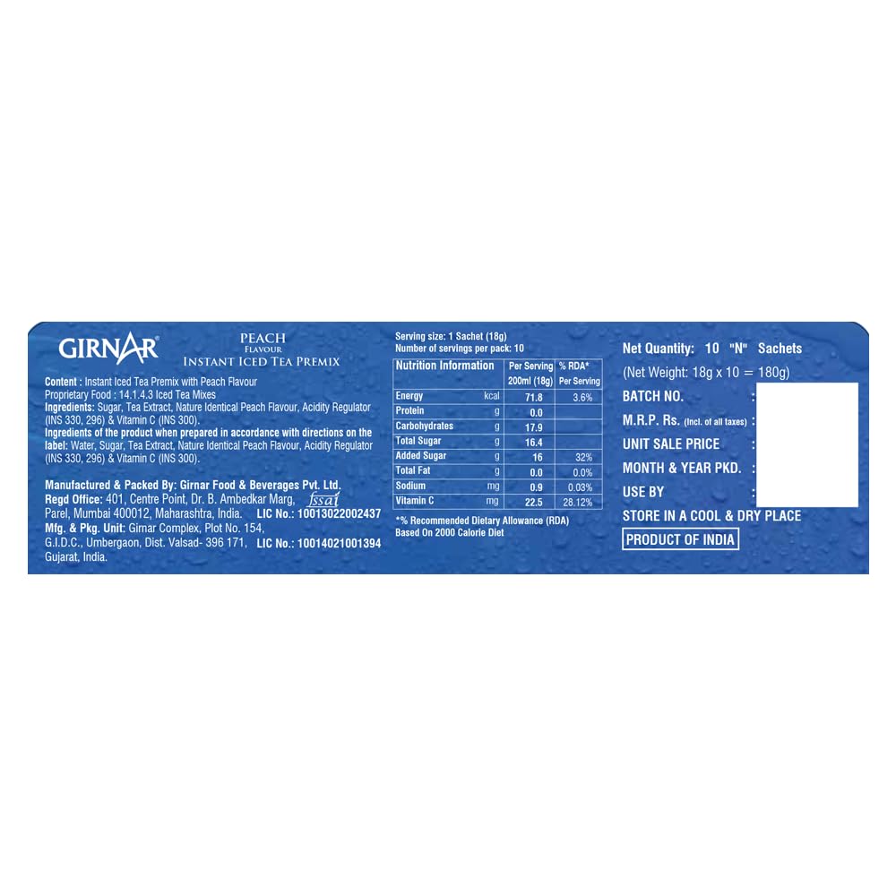Girnar Instant Premix Iced Tea Peach Flavour 10 Sachets Refreshing Cold Drink Green Tea