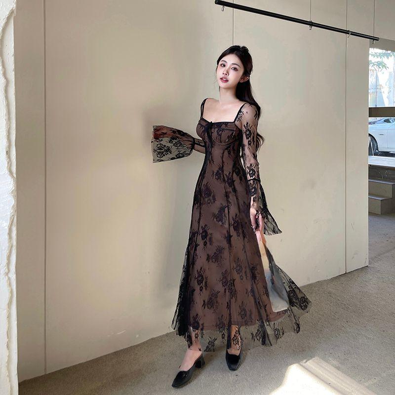 

Элегантное длинное платье русалки на весну и лето, модное тонкое платье с расклешенными рукавами, свадебное подиумное вечерние кружевное платье, женская винтажная одежда S чёрный