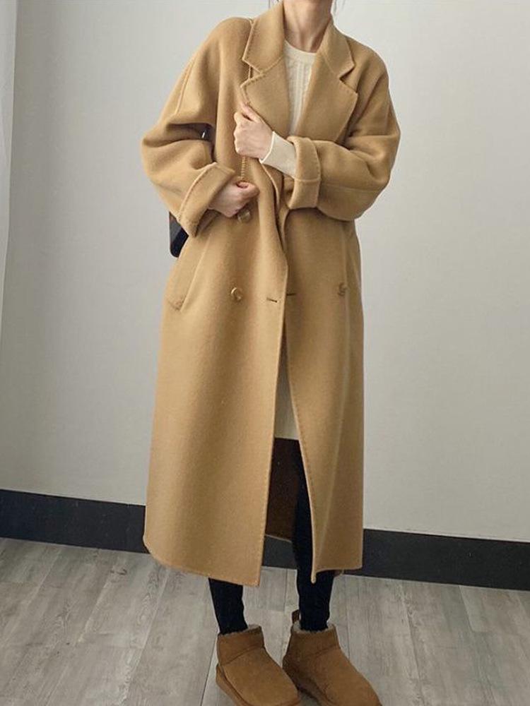 2025 Autumn/Winter Women's Wool Loose Double-Breasted Black Mid-Length Coat, Korean Style.