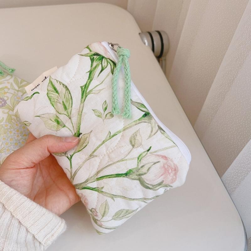 Elegant Flower Print Cosmetic Pouches Compact Cotton Storage Bag Makeup Bag For Lipstick And Essential