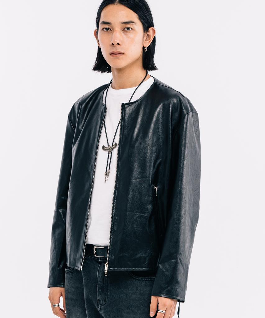 Vastic Collarless Western Leather Jacket_Black