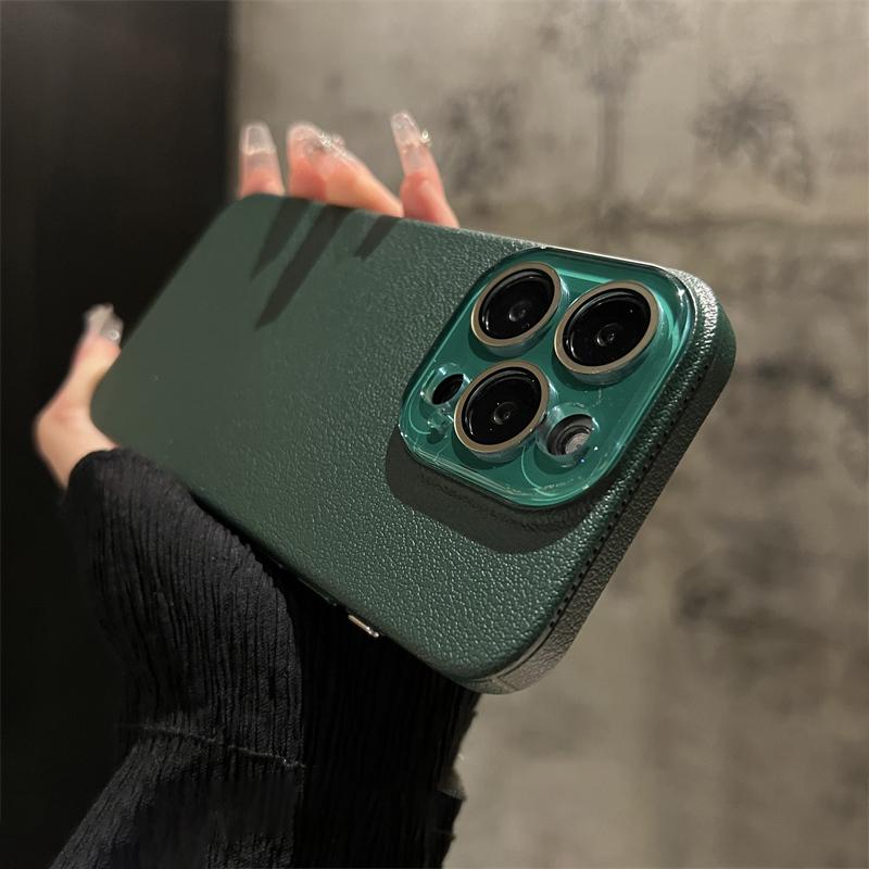 Crystal Glass Lens Protection Lychee Textured Leather Case for iPhone 15 Pro Max 14 13 12 Shockproof Protection Hard PC Cover