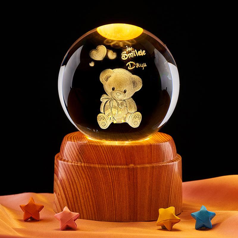 Luminous Teddy Bear Crystal Ball Night Light with Wooden Base - Creative Desktop Decoration Gift.