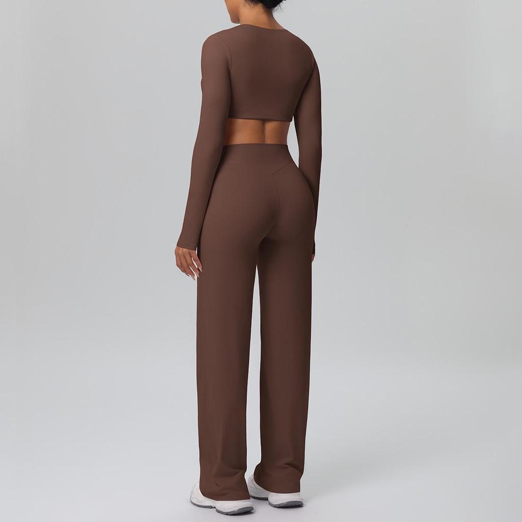 European Sportswear Yoga Set: Long Sleeve Top with Chest Pads and Breathable Straight-Leg Pants for Women