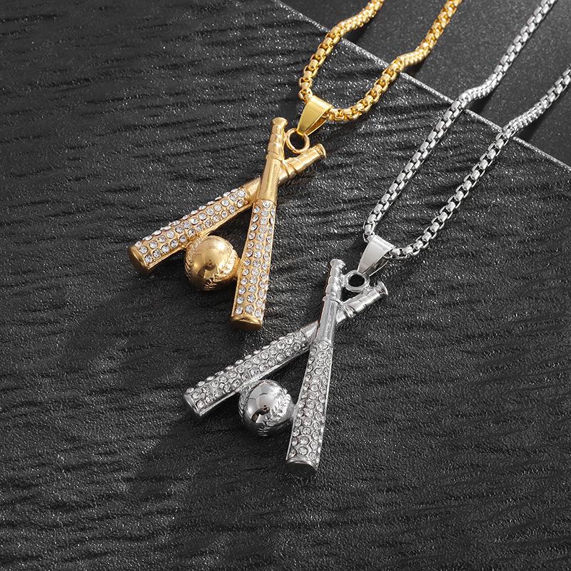 Baseball Stick Hip Hop Sports Full Diamond Necklace Mens Trendy Accessories European and American