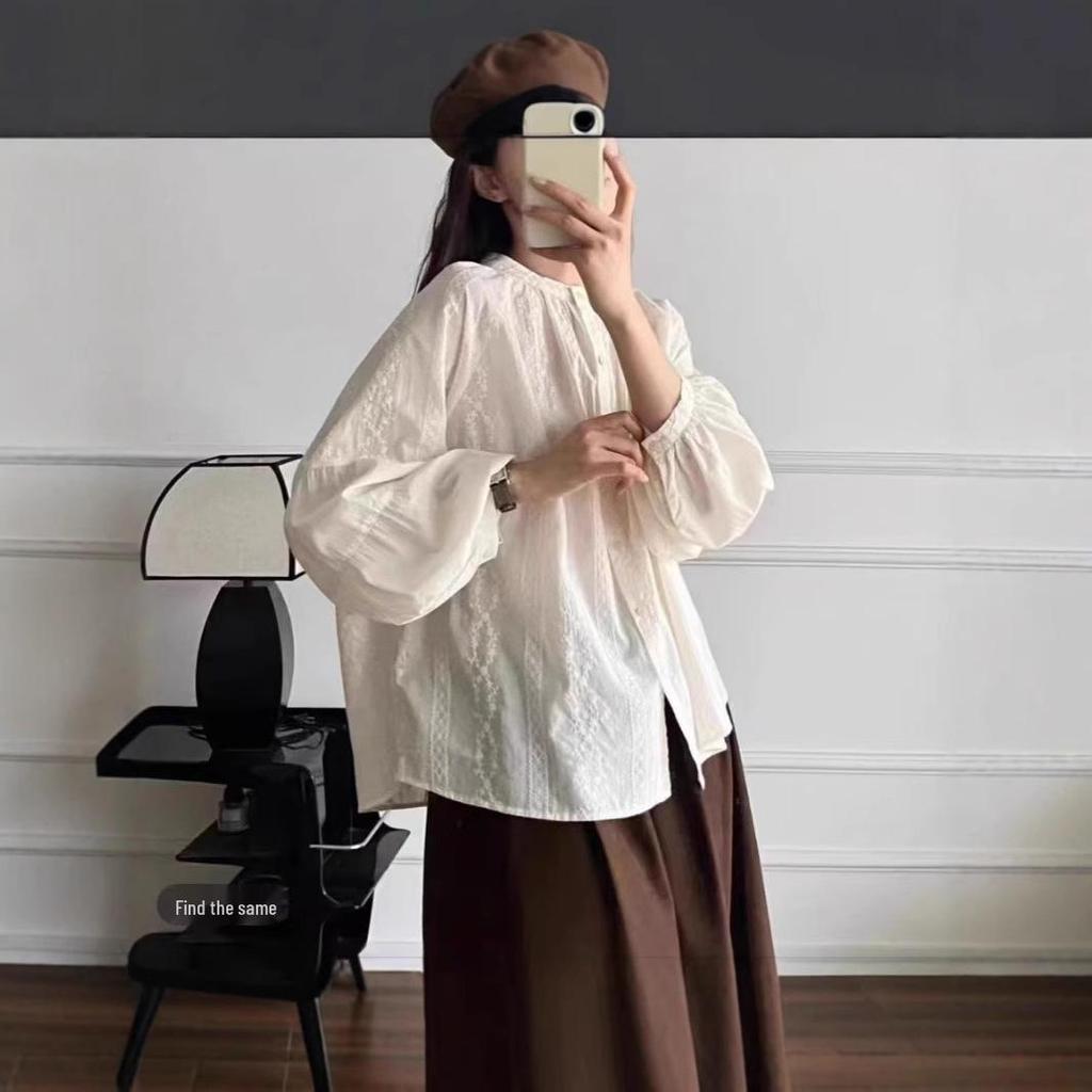 Korean Style Cotton Embroidered Long Sleeve Blouse - Women's Casual Spring/Summer Jacquard Shirt