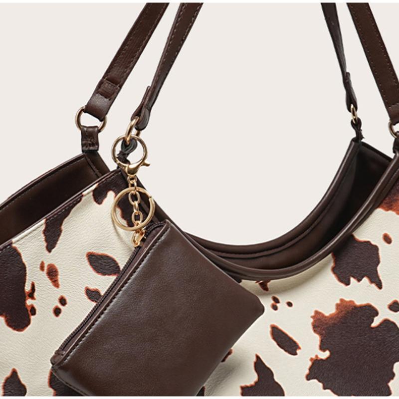 Cow Print Tote Bag With matching Purse,Women Large Capacity Wing Style Storage Versatile Work Commute Handbag, Shoulder Bag