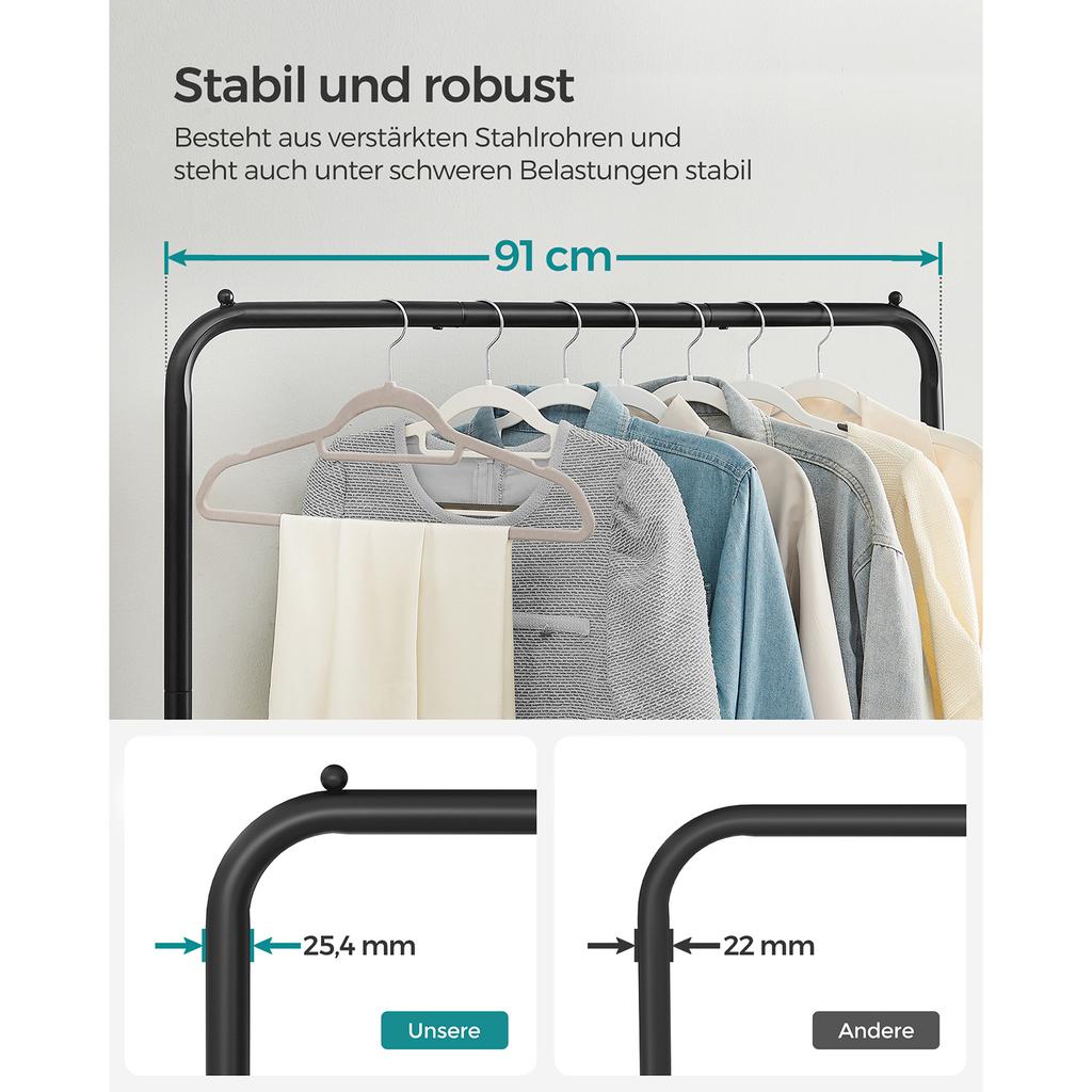 SONGMICS Clothes Rack on Wheels, Single-Rail Metal Garment Rack, with Storage Shelf, Top Rail Holds up to 40 kg, Black