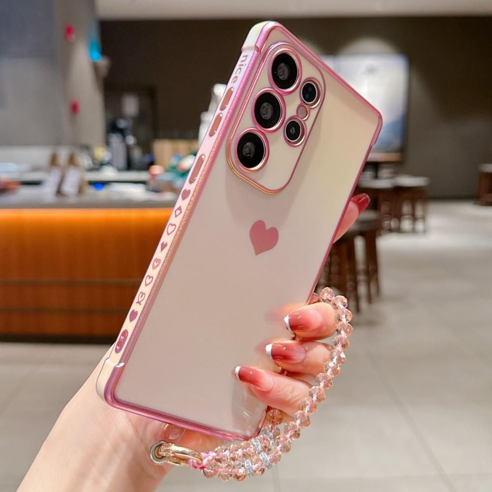 Platerowane Boczna Etui z Sercem Dla Samsung Galaxy S25 S24 S23 S22 S21 Ultra Plus S24 FE S23FE S25 Edge 5G Pokrowiec Z Kryształowym Łańcuszkiem