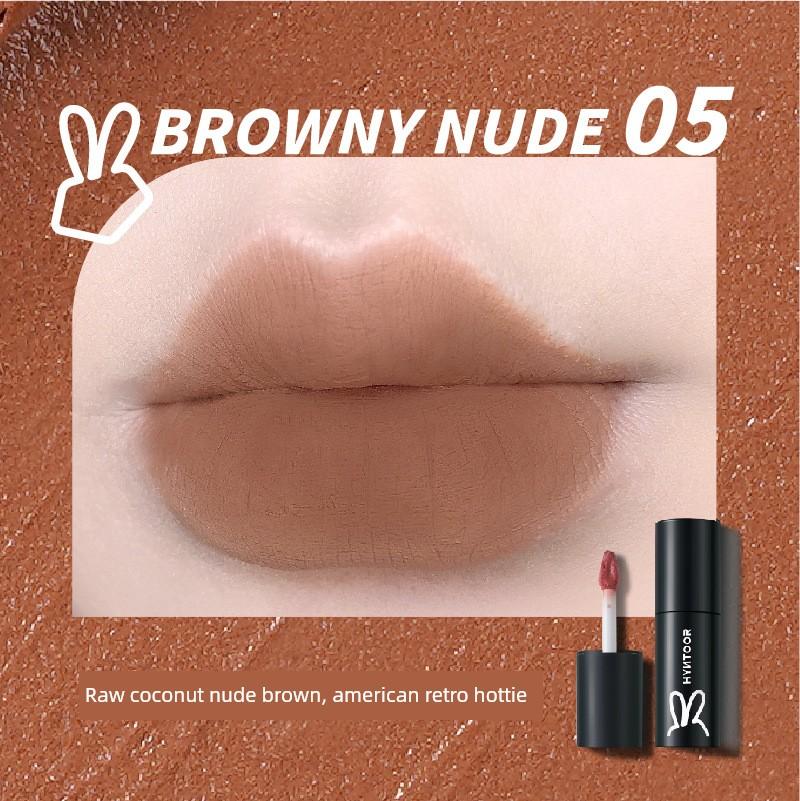 Light European and American Style Nude Color Scheme! Hyntoor Black Rabbit Non-Stick Cup Lip Mud 01 White Tea Nude Brown Matte Lipstick Lip Glaze