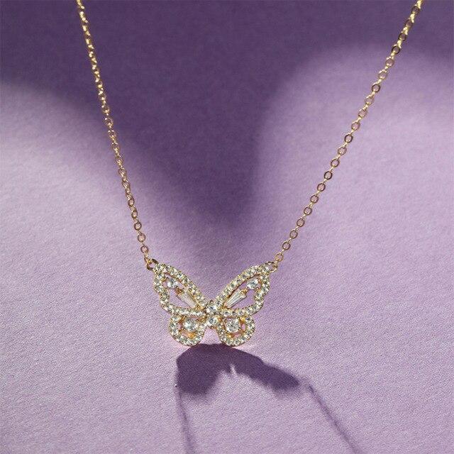 Sterling Tone Butterfly Necklaces Shiny Zircon Stone Clavicle Chain Pendant Necklace Women Jewelry Event Gathering Souvenir GiftTrendy