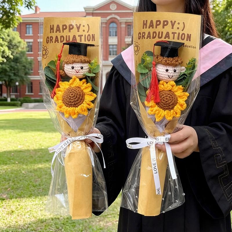 Dr.Bear Graduation Crochet Flower Bouquet Artificial Sunflower Hand Knitted Bouquets with Gift Bag Students Graduation Gift