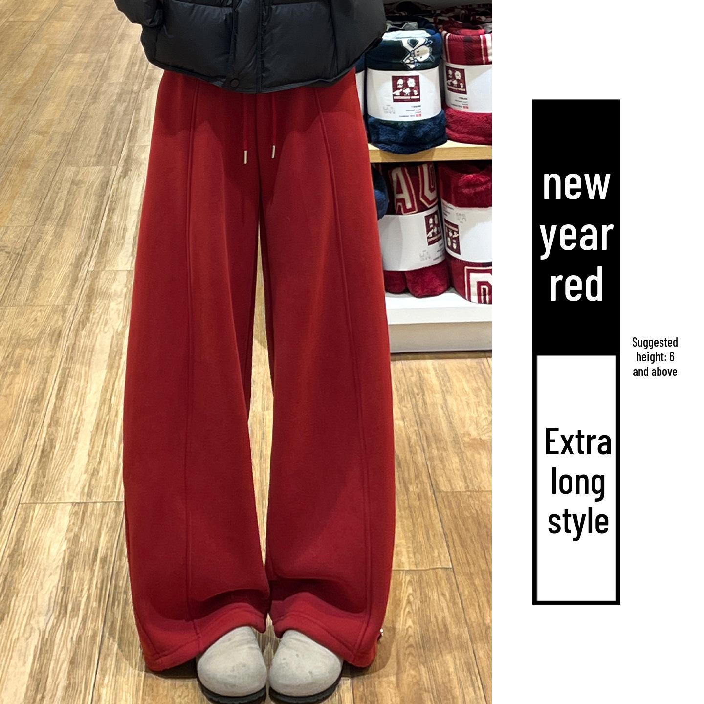 

Women s Autumn/Winter 2025 Red Coral Fleece High-Waisted Slimming Plus Velvet Thick Straight-Leg Pants Extra Large